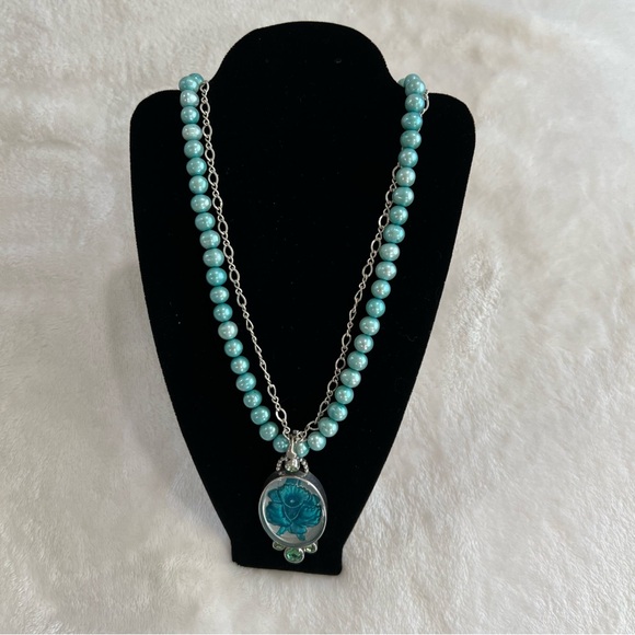 Mars & Valentine Necklace Sterling Silver Blue Green Pearl Pendant 18